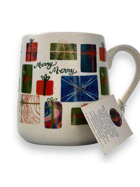 Holiday-Themed Ceramic Mug By Etta Vee With Colorful Present Design & Red Interi